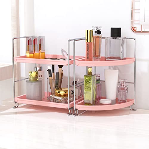 JANUS LiANG 2-Tier Bathroom Countertop Organizer Makeup Organizer Perfume Cosmetic Holder Standing Counter Shelf for Vanity, Bathroom, Bedroom (Pink & Silver)