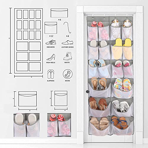 Over the Door Shoe Organizer, 18 Pockets Hanging Shoe Rack Non-Woven Visible Mesh Large, Back of Door Hanging Storage Closet Shoe Holder Hanger for Entryway Bedroom Bathroom