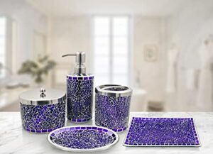 lushaccents bathroom accessories set, 5-piece decorative glass bathroom accessories set, soap dispenser, soap tray, vanity tray, jar, toothbrush holder, elegant lavender mosaic glass