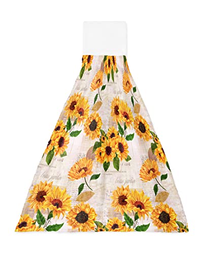 ARTSHOWING Floral Hanging Hand Towels Kitchen Towel Absorbent Towel Hanging Towel Hand Bath Towel, 18"x14" Decorative Soft Oven Towel Quick Dry Dish Cloth Towels 2Pcs, Sunflower Newspaper Background