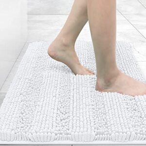 Grandaily Chenille Striped Bathroom Rug Mat, Extra Thick and Absorbent Bath Rugs, Non-Slip Soft Plush Shaggy Bath Carpet, Machine Wash Dry, Bath Mats for Tub, Shower and Bath Room, 24x16, White