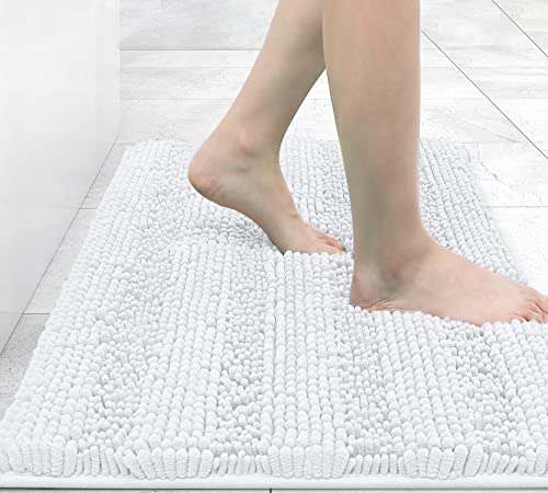 Grandaily Chenille Striped Bathroom Rug Mat, Extra Thick and Absorbent Bath Rugs, Non-Slip Soft Plush Shaggy Bath Carpet, Machine Wash Dry, Bath Mats for Tub, Shower and Bath Room, 24x16, White