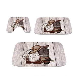 farmhouse wooden plank leather boots western cowboy bathroom rugs and mats sets 3 piece, memory foam bath mat, u-shaped contour shower mat non slip absorbent, velvet toilet lid cover washable