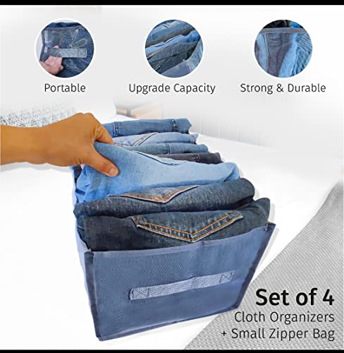 4 pc 7 grids Wardrobe Clothes Organizer , Clothes Organizer For Folded Clothes With Small Bag , Grey Wardrobe Organizer , Pants Organizer , Closet Organization