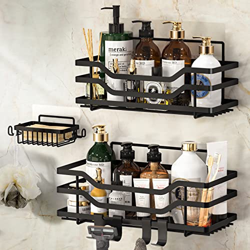 ACMETOP Adhesive Shower Caddy 3-Pack Shower Organizer No Drilling Shower Shelves with Soap Holder & 3 Hooks, Rustproof SUS304 Stainless Steel Bathroom Shelf, Shower Shelf for Inside Shower