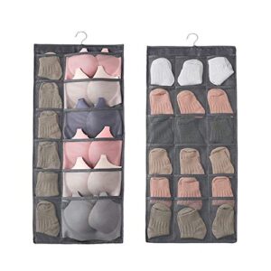 aoolife 30 mesh pockets hanging storage organiser with metal hanger, dual-sided hanging closet organizer for underwear, stocking,bra and sock (grey)