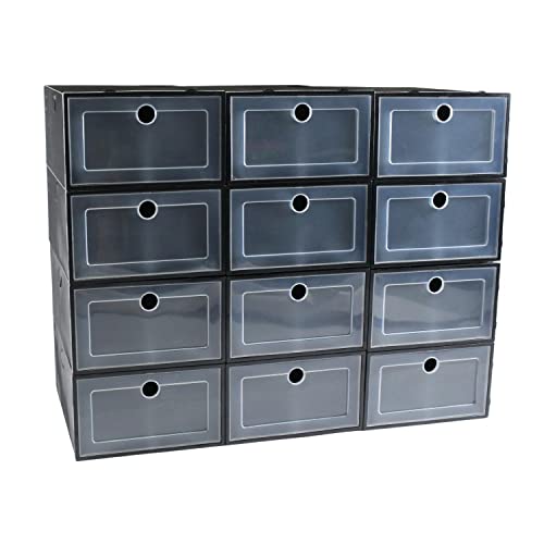 GOMINIMO 12 Pack Clear Durable Black Plastic Shoe Boxes Stackable Storage Bins Rack Organizer Containers with Lids