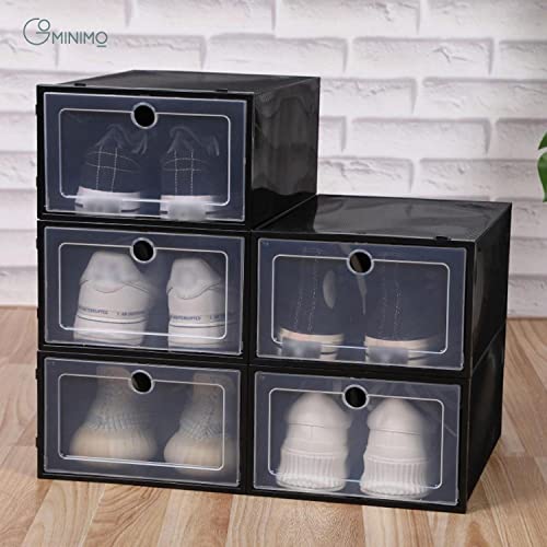 GOMINIMO 12 Pack Clear Durable Black Plastic Shoe Boxes Stackable Storage Bins Rack Organizer Containers with Lids