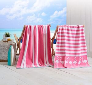 great bay home large beach towel set of 2 - striped flamingo pink beach towels for adults and velour pool towels 100% cotton - lightweight quick dry beach towel pack - beach towel for travel
