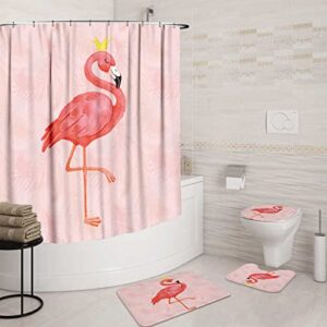 gsaardeo bathroom decorative shower curtain 4-piece set with u-shaped floor mat, toilet cover, anti-slip floor mat, cute animal shower curtain (pink flamingo, 72×72 in)