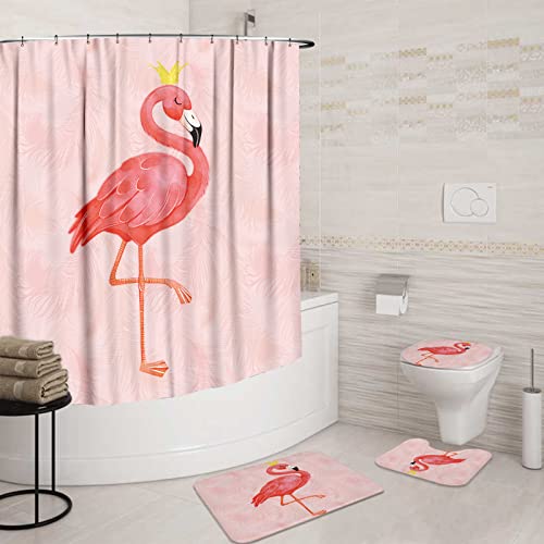 GSAARDEO Bathroom Decorative Shower Curtain 4-Piece Set with U-Shaped Floor Mat, Toilet Cover, Anti-Slip Floor Mat, Cute Animal Shower Curtain (Pink Flamingo, 72×72 in)