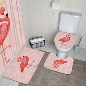 GSAARDEO Bathroom Decorative Shower Curtain 4-Piece Set with U-Shaped Floor Mat, Toilet Cover, Anti-Slip Floor Mat, Cute Animal Shower Curtain (Pink Flamingo, 72×72 in)