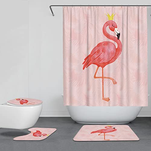 GSAARDEO Bathroom Decorative Shower Curtain 4-Piece Set with U-Shaped Floor Mat, Toilet Cover, Anti-Slip Floor Mat, Cute Animal Shower Curtain (Pink Flamingo, 72×72 in)