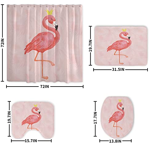 GSAARDEO Bathroom Decorative Shower Curtain 4-Piece Set with U-Shaped Floor Mat, Toilet Cover, Anti-Slip Floor Mat, Cute Animal Shower Curtain (Pink Flamingo, 72×72 in)