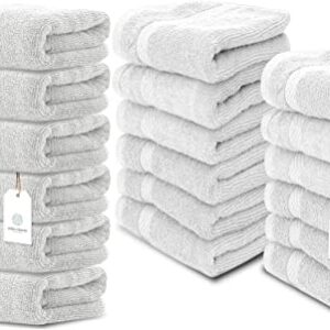 White Classic Luxury Hand Towels | 6 Pack Luxury Cotton Washcloths | 12 Pack Bundle (Silver)