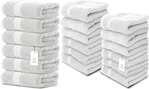 White Classic Luxury Hand Towels | 6 Pack Luxury Cotton Washcloths | 12 Pack Bundle (Silver)