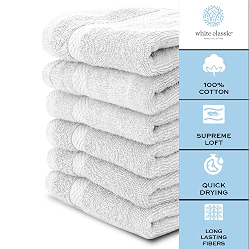 White Classic Luxury Hand Towels | 6 Pack Luxury Cotton Washcloths | 12 Pack Bundle (Silver)