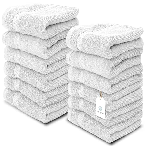 White Classic Luxury Hand Towels | 6 Pack Luxury Cotton Washcloths | 12 Pack Bundle (Silver)