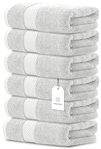 White Classic Luxury Hand Towels | 6 Pack Luxury Cotton Washcloths | 12 Pack Bundle (Silver)