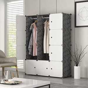 aeitc portable wardrobe closets 14"x18" depth cube storage, bedroom armoire, storage organizer with doors, 12 cubes, black