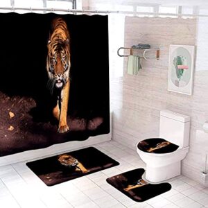 4 pcs tiger shower curtain set with non-slip rugs, toilet lid cover and bath mat wildlife animal shower curtain cool tiger bathroom decor with hooks