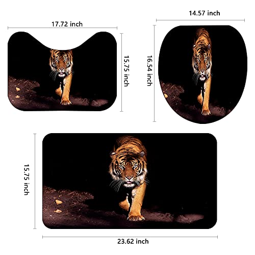 4 Pcs Tiger Shower Curtain Set with Non-Slip Rugs, Toilet Lid Cover and Bath Mat Wildlife Animal Shower Curtain Cool Tiger Bathroom Decor with Hooks