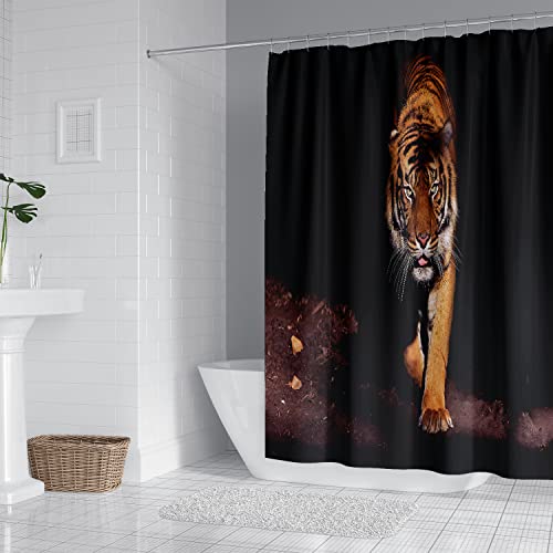 4 Pcs Tiger Shower Curtain Set with Non-Slip Rugs, Toilet Lid Cover and Bath Mat Wildlife Animal Shower Curtain Cool Tiger Bathroom Decor with Hooks