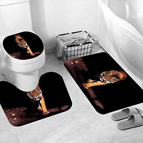 4 Pcs Tiger Shower Curtain Set with Non-Slip Rugs, Toilet Lid Cover and Bath Mat Wildlife Animal Shower Curtain Cool Tiger Bathroom Decor with Hooks