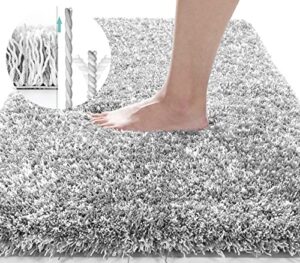 yimobra fluffy plush bath rug, super shaggy soft comfortable non slip, water absorbent microfiber bath mat, dries quickly, machine washable thick bathroom floor rugs for shower, 32"x 20", light gray