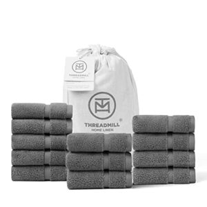 Threadmill 100% Cotton Washcloths Pack of 12 Towels - Luxury 600 GSM 13"x13" Super Soft, Highly Absorbent, Quick Dry & Lint Free Dark Grey - Premium Hotel Quality Towels for Spa & Daily Use