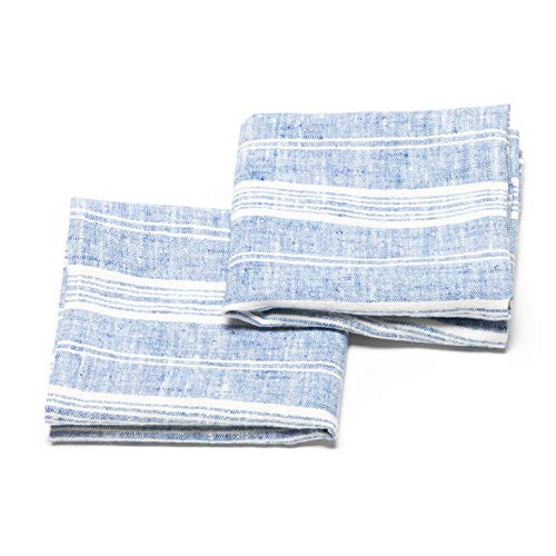 LinenMe Set of 2 Multistripe Linen Hand Towels, 18 by 28", Blue White, Prewashed 100% European Linen