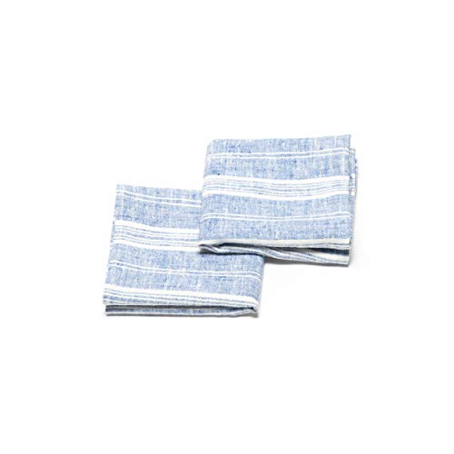 LinenMe Set of 2 Multistripe Linen Hand Towels, 18 by 28", Blue White, Prewashed 100% European Linen