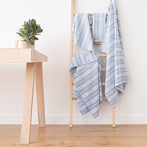 LinenMe Set of 2 Multistripe Linen Hand Towels, 18 by 28", Blue White, Prewashed 100% European Linen