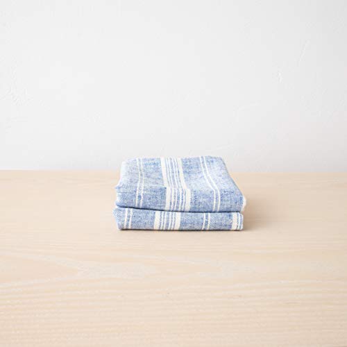 LinenMe Set of 2 Multistripe Linen Hand Towels, 18 by 28", Blue White, Prewashed 100% European Linen