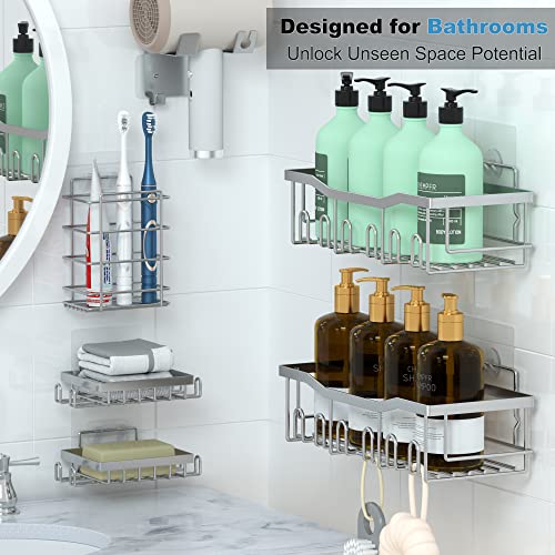 CHEMPFR Shower Caddy [6-Pack] Rustproof Stainless Steel Shower Shelf, Bathroom Organizer with Soap Holders, Toothbrush Holder, Hair Dryer Stand, Easy Installation for Home, Hotel, Dorm Use (Silver)