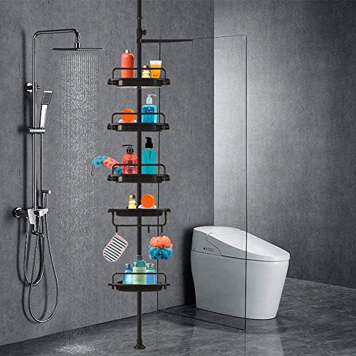 Vailge Constant Tension Corner Shower Caddy, Stainless Steel Pole, 5-Shelf, Rustproof, Strong and Sturdy, Black