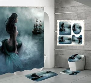 nelbonls mermaid bathroom sets with shower curtain and rugs, toilet lid cover, bath mat, bathroom decor shower curtians with hooks, waterproof shower curtain set 70.9"x59.0"
