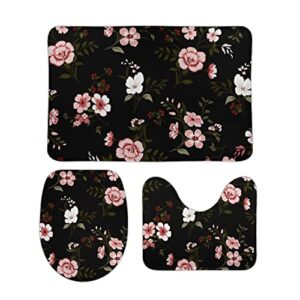 3pc bathroom rugs set floral black bath mat u shaped contour toilet mat toilet lid cover non-slip absorbent rugs for tub shower