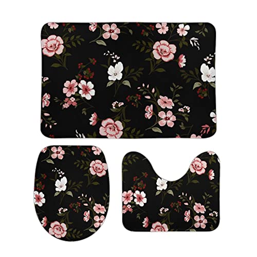 3PC Bathroom Rugs Set Floral Black Bath Mat U Shaped Contour Toilet Mat Toilet Lid Cover Non-Slip Absorbent Rugs for Tub Shower