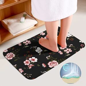 3PC Bathroom Rugs Set Floral Black Bath Mat U Shaped Contour Toilet Mat Toilet Lid Cover Non-Slip Absorbent Rugs for Tub Shower