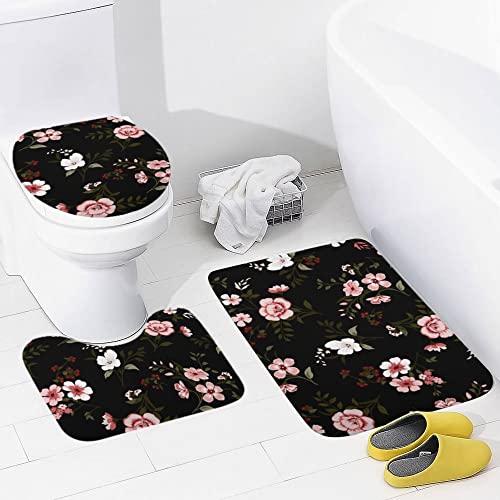 3PC Bathroom Rugs Set Floral Black Bath Mat U Shaped Contour Toilet Mat Toilet Lid Cover Non-Slip Absorbent Rugs for Tub Shower