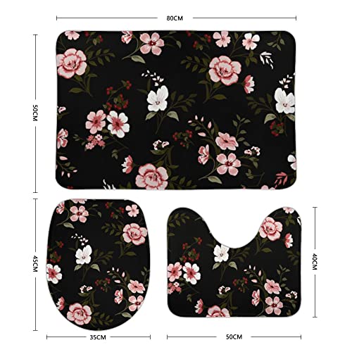 3PC Bathroom Rugs Set Floral Black Bath Mat U Shaped Contour Toilet Mat Toilet Lid Cover Non-Slip Absorbent Rugs for Tub Shower