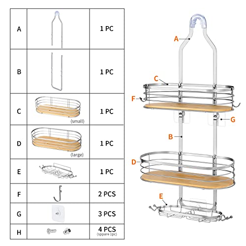 Hanging Shower Caddy, Stainless Steel Bathroom Hanging Shower Organizer Rack Basket, Rustproof Bamboo Basket with Hooks for Towels, Soap, Shampoo, shower accessories, Silver