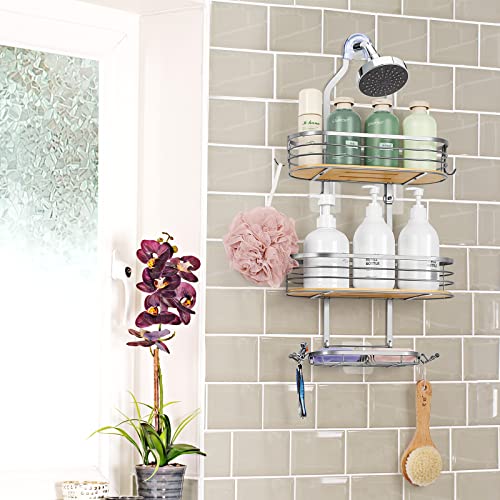 Hanging Shower Caddy, Stainless Steel Bathroom Hanging Shower Organizer Rack Basket, Rustproof Bamboo Basket with Hooks for Towels, Soap, Shampoo, shower accessories, Silver