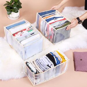 WHUBEFY Wardrobe Clothes Organizer,Extra Large Jean Organizer for Closet,7 Grids Portable Storage Drawer Organizer Clothes,Foldable Mesh Separation Box for Folded Clothes,Pants,Shirts (Upgraded,3 L+2 M)