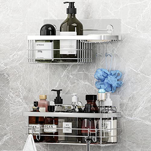 KESOL Shower Caddy and Soap Dish with Hooks Shower Shelf Shower Organizer, No Drilling Adhesive Wall Mounted Bathroom Shelf, Rustproof SUS304 Stainless Steel (2 Pack), Silver