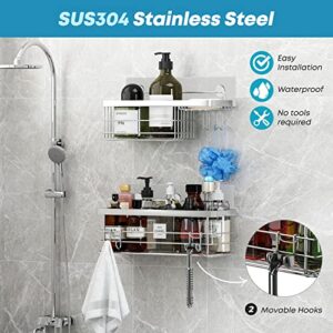 KESOL Shower Caddy and Soap Dish with Hooks Shower Shelf Shower Organizer, No Drilling Adhesive Wall Mounted Bathroom Shelf, Rustproof SUS304 Stainless Steel (2 Pack), Silver