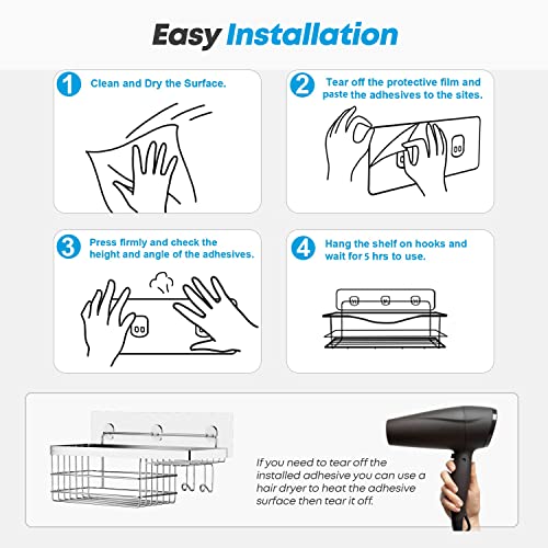 KESOL Shower Caddy and Soap Dish with Hooks Shower Shelf Shower Organizer, No Drilling Adhesive Wall Mounted Bathroom Shelf, Rustproof SUS304 Stainless Steel (2 Pack), Silver