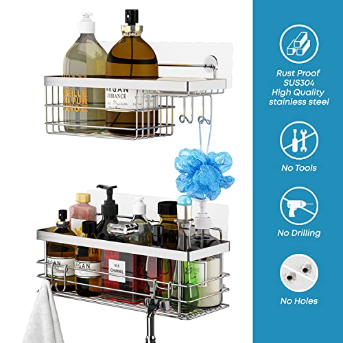 KESOL Shower Caddy and Soap Dish with Hooks Shower Shelf Shower Organizer, No Drilling Adhesive Wall Mounted Bathroom Shelf, Rustproof SUS304 Stainless Steel (2 Pack), Silver