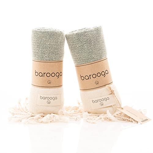 BAROOGA Turkish Hand Towel (Set of 2) for Kitchen and Bathroom | 100% Cotton, 18 x 38 Inches | Prewashed Decorative Peshtemal Towel for Face, Hand, Hair, Yoga, Dishcloth, Tea Towel (Kale Green)